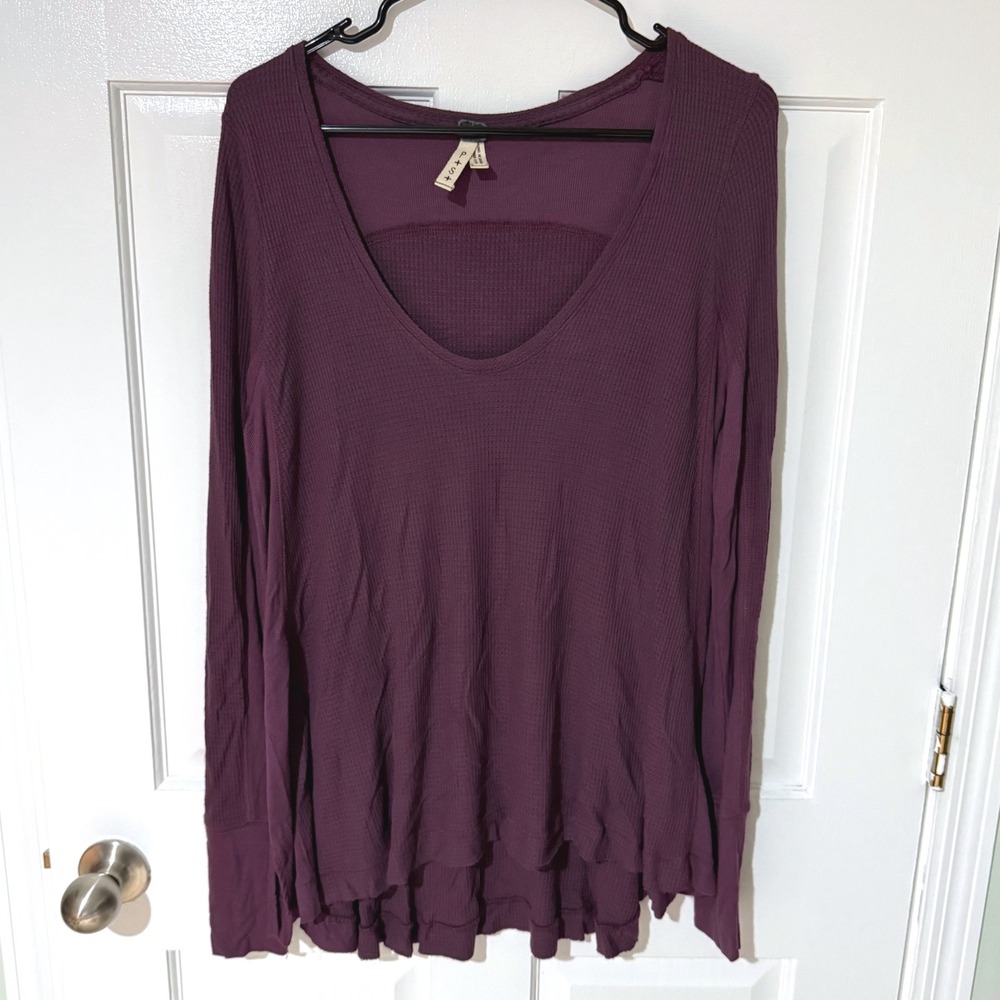 Free People We The Free Plum Purple Waffle Knit V-Neck Thermal Top Womens Small
